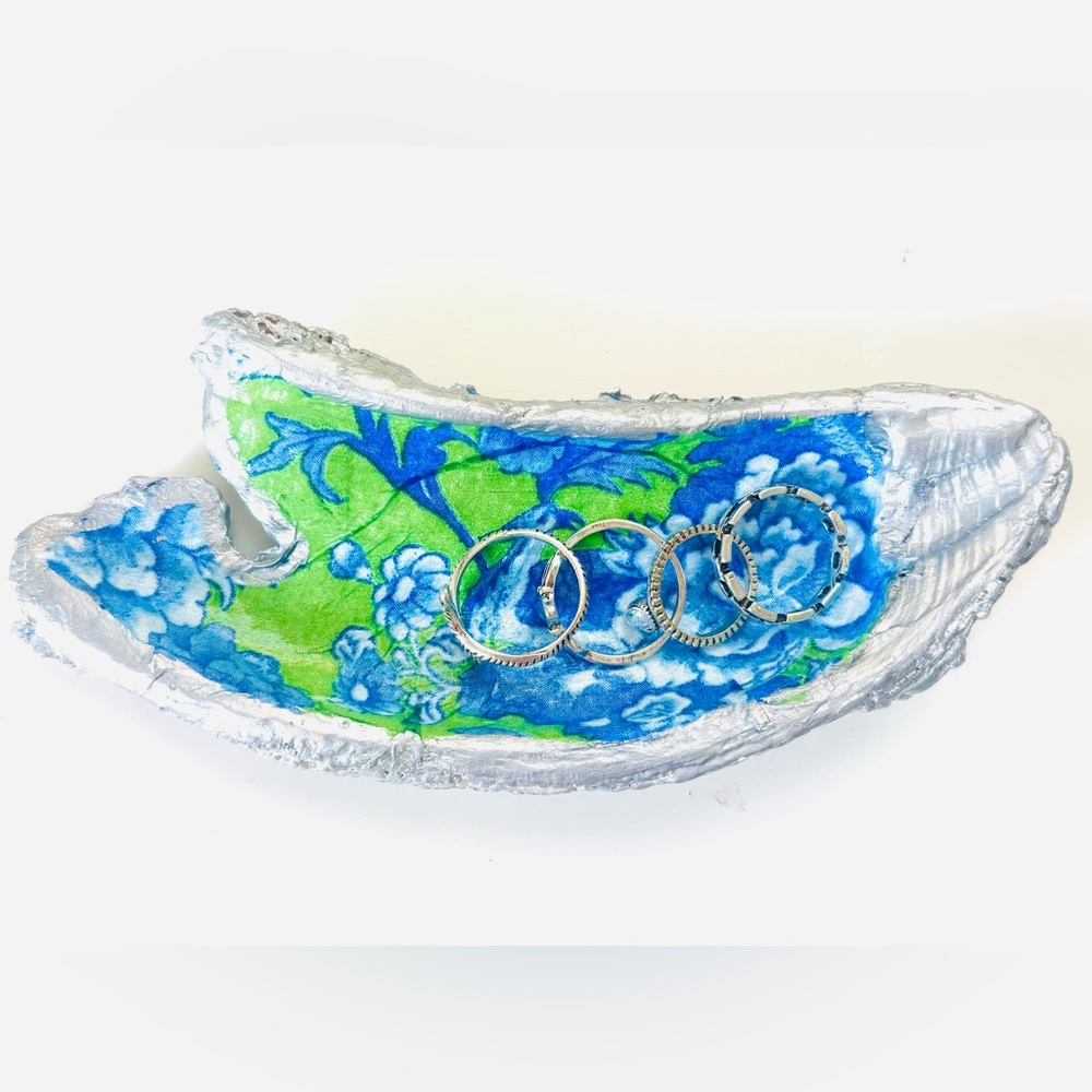 Handmade Oyster Shell Trinket Dish W/ Green and Blue Floral Decoupage Design - Picture 2 of 7
